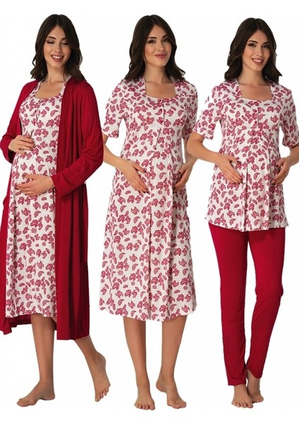 Effortt Kadın Gecelik Sabahlık Pijama Takımı Lohusa Hamile 4'lü Set 8016