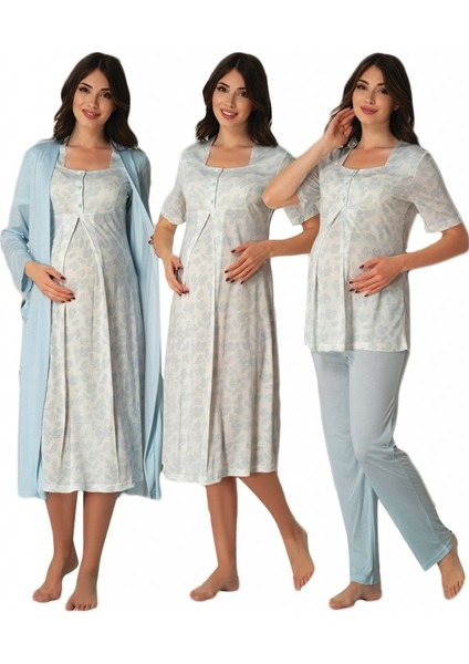 Effortt Kadın Gecelik Sabahlık Pijama Takımı Lohusa Hamile 4'lü Set 8016