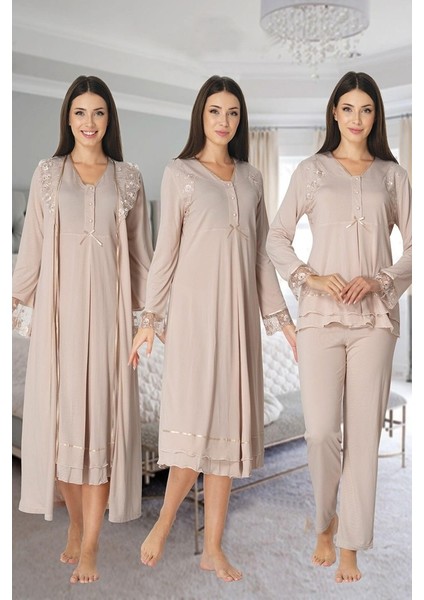 Effortt Kadın Lohusa Hamile Gecelik Pijama Takımı Sabahlık 4'lü Set 2426