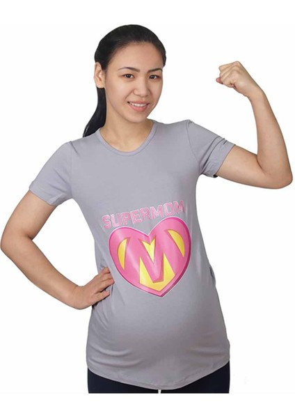 Hamile Tişört Super Mom Gri