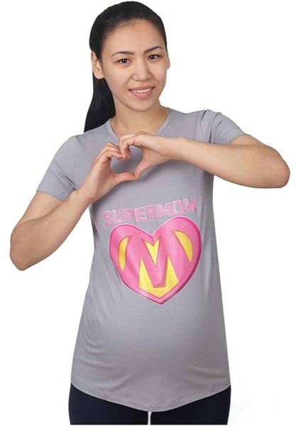 Hamile Tişört Super Mom Gri