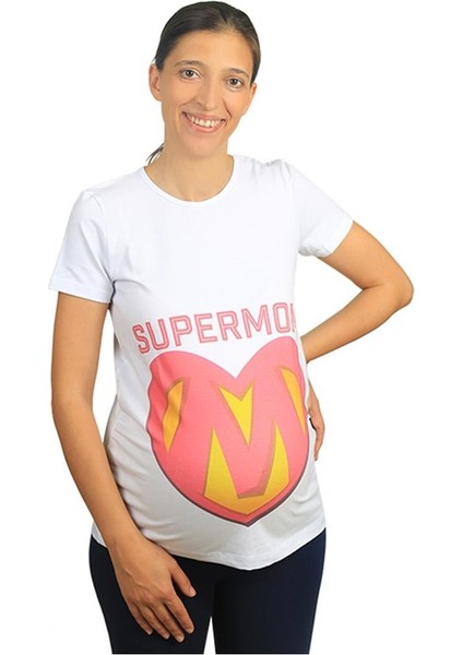 Hamile Tişört Super Mom Beyaz