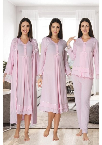 Effortt Kadın Lohusa Hamile Gecelik Pijama Takımı Sabahlık 4'lü Set 2426