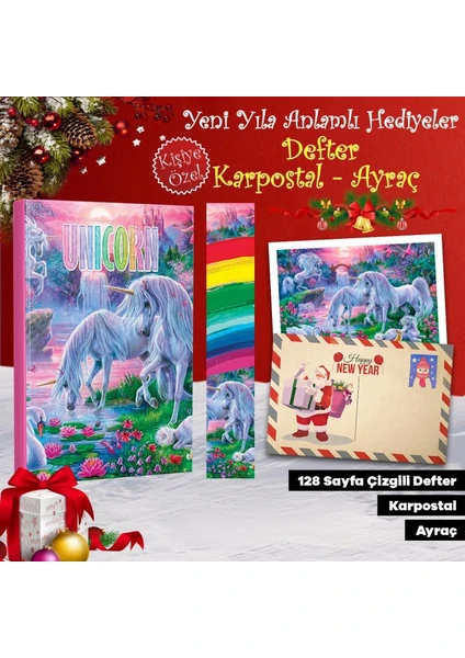 Halk Kitabevi Kartpostallı Hediye Seti - 1 Unicorn 128 Sayfa Defter 1 Kartpostal 1 Ayraç