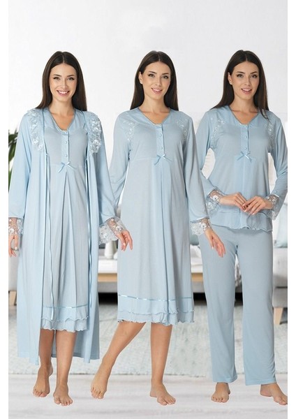 Effortt Kadın Lohusa Hamile Gecelik Pijama Takımı Sabahlık 4'lü Set 2426