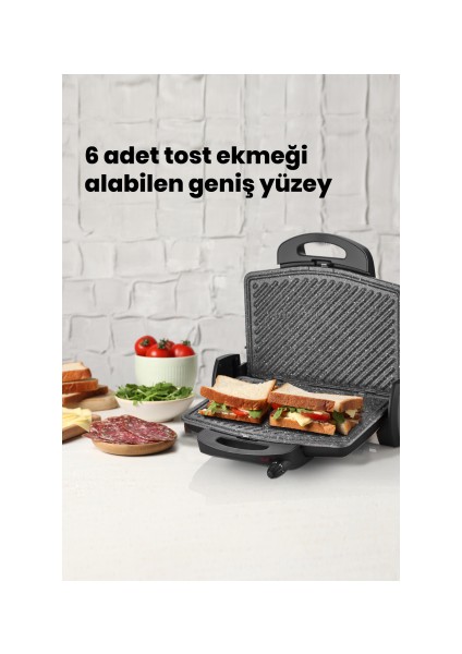 Gurmex Siyah 1750 Watt Granit Çıkarılabilir Plakalı 5 Kademe Isı Ayarlı Tost ve Izgara Makinesi