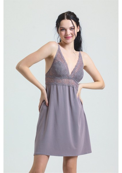 3778 Kadın Dantelli Modal Ip Askılı Gecelik-Çinko
