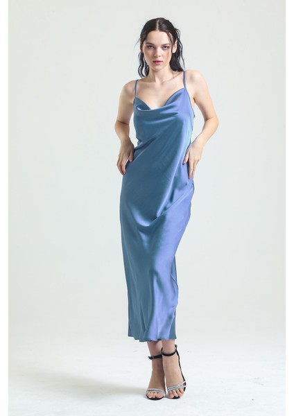 9790 Degaje Yaka Krep Saten Uzun Gecelik-Mavi fırsatları