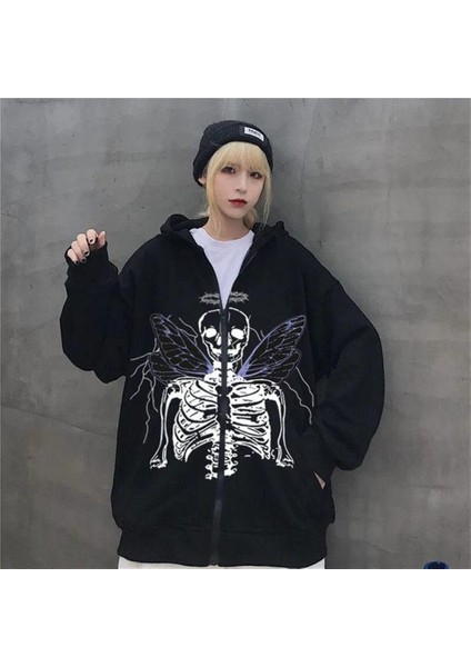 Harajuku Angel Skeleton Fermuarlı Kapşonlu Kalın Hırka modelleri