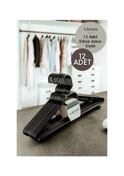 12 Adet Kıyafet ve Elbise Askısı Siyah