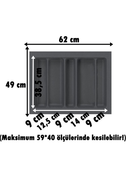 62x49 Cm. 5 Bölmeli Gri Çekmece İçi Düzenleyici Kepçelik (59*40 CM'E KADAR KESİLR) Ücretsiz Kesim