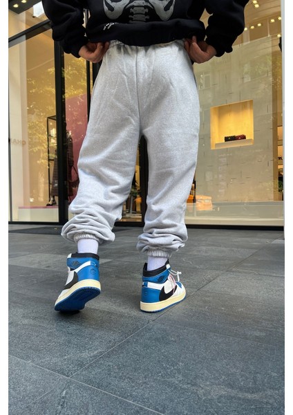 Gri Siyah Oversize Eşofman Altı Büyük Beden Paçası Lastikli 3 Iplik Şardonlu