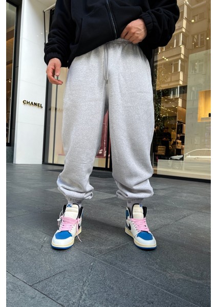 Gri Siyah Oversize Eşofman Altı Büyük Beden Paçası Lastikli 3 Iplik Şardonlu modelleri