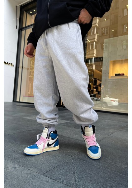 Gri Siyah Oversize Eşofman Altı Büyük Beden Paçası Lastikli 3 Iplik Şardonlu fırsatları