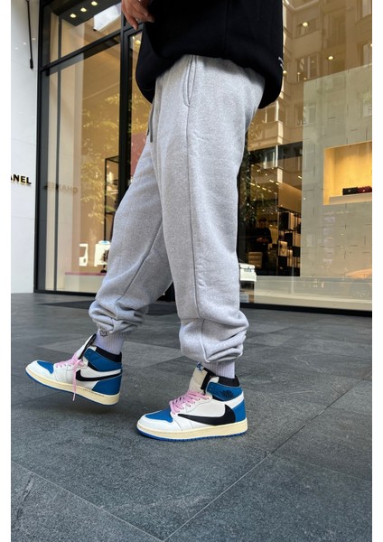 Gri Siyah Oversize Eşofman Altı Büyük Beden Paçası Lastikli 3 Iplik Şardonlu indirimleri