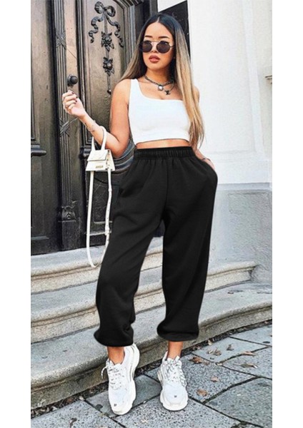 3 Iplik Büyük Beden Kışlık Gri / Siyah Kadın Yüksek Bel Kışlık Oversize Eşofman Altı modelleri