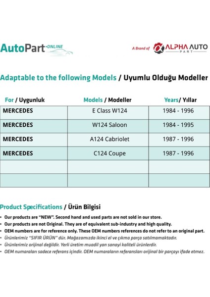 Alpha Auto Part Mercedes E Class (W124, A124, C124) Için Arka Bagaj Alt Üst Takoz 4 Lü Seti