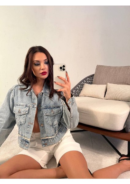 Crop Model Denim Kot Ceket Cepli Kadın