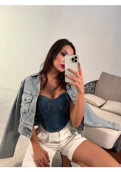 Crop Model Denim Kot Ceket Cepli Kadın