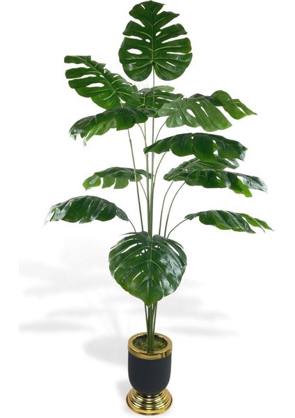 Yapay Ağaç Monstera Ağacı Salon Bitkisi Siyah Gold Metal Vazoda 130 cm 12 Yaprak