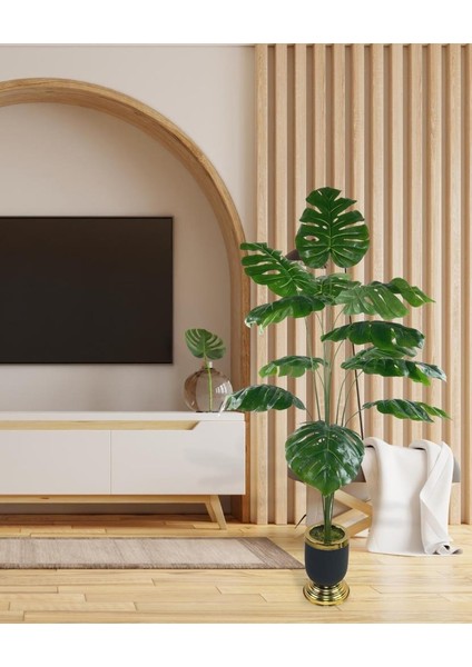 Yapay Ağaç Monstera Ağacı Salon Bitkisi Siyah Gold Metal Vazoda 130 cm 12 Yaprak modelleri
