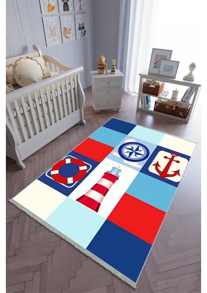 Çocuk Odası Halısı Mavi Erkek Yolluk Kaymaz Yuvarlak Oval Kesme Ince Yıkanabilir Halı