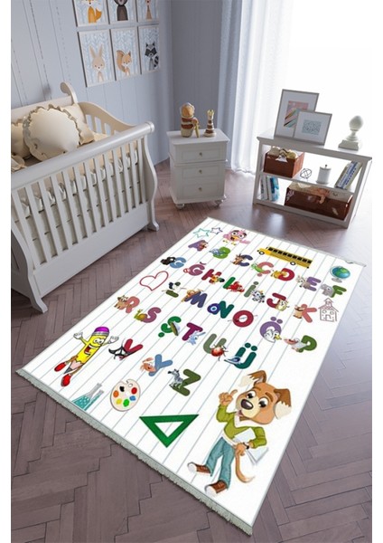 Çocuk Odası Halısı Çok Renkli Beyaz Yolluk Kaymaz Yuvarlak Oval Kesme Ince Yıkanabilir Halı