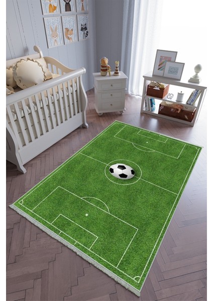 Çocuk Odası Halısı Yeşil Futbol Yolluk Kaymaz Yuvarlak Oval Kesme Ince Yıkanabilir Halı