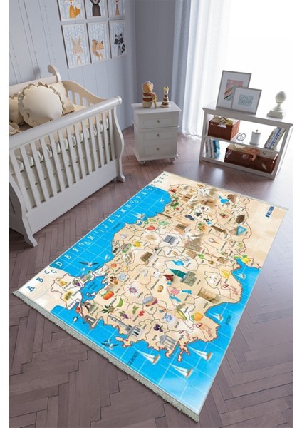 Çocuk Odası Halısı Çok Renkli Yolluk Kaymaz Yuvarlak Oval Kesme Ince Yıkanabilir Halı