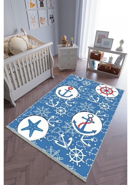 Çocuk Odası Halısı Lacivert Beyaz Yolluk Kaymaz Yuvarlak Oval Kesme Ince Yıkanabilir Halı