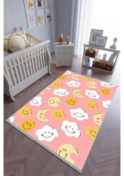 Çocuk Odası Halısı Pembe Sarı Yolluk Kaymaz Yuvarlak Oval Kesme Ince Yıkanabilir Halı