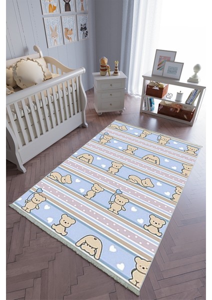 Çocuk Odası Halısı Mavi Kahverengi Yolluk Kaymaz Yuvarlak Oval Kesme Ince Yıkanabilir Halı