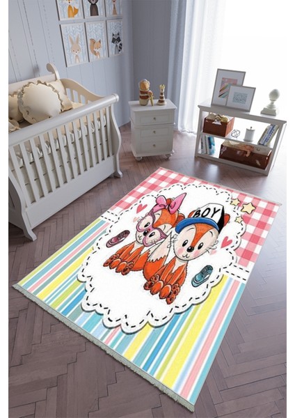 Çocuk Odası Halısı Çok Renkli Yolluk Kaymaz Yuvarlak Oval Kesme Ince Yıkanabilir Halı