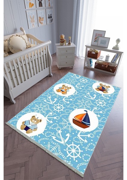 Çocuk Odası Halısı Mavi Beyaz Erkek Yolluk Kaymaz Yuvarlak Oval Kesme Ince Yıkanabilir Halı
