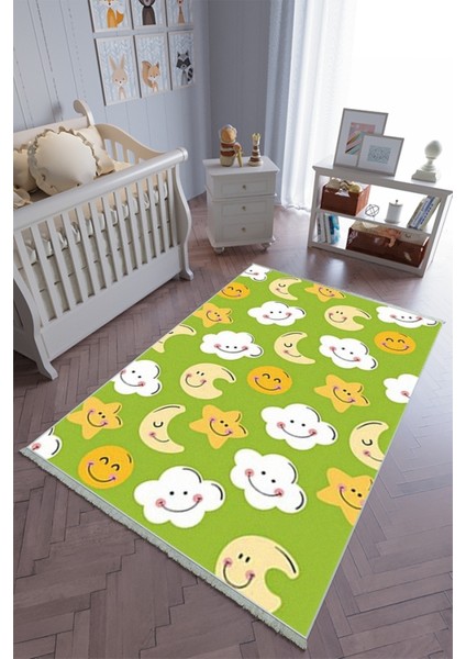 Çocuk Odası Halısı Yeşil Turuncu Yolluk Kaymaz Yuvarlak Oval Kesme Ince Yıkanabilir Halı