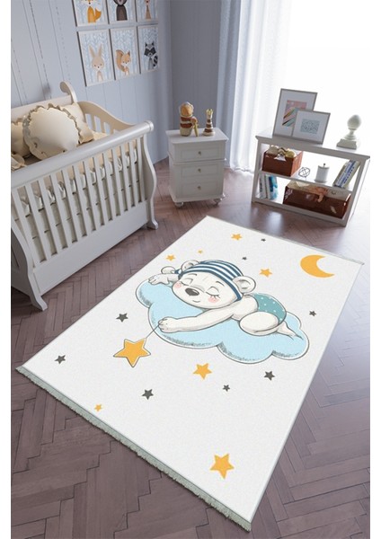 Çocuk Odası Halısı Ekru Mavi Yolluk Kaymaz Yuvarlak Oval Kesme Ince Yıkanabilir Halı