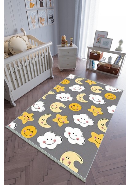 Çocuk Odası Halısı Gri Sarı Yolluk Kaymaz Yuvarlak Oval Kesme Ince Yıkanabilir Halı