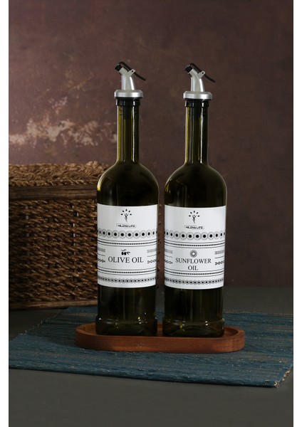 Ahşap Stantlı Amber 2'li 750 ml Zeytinyağı ve Sıvıyağ Yağdanlık Şişesi Ayçiçekyağı,yağlık Ha