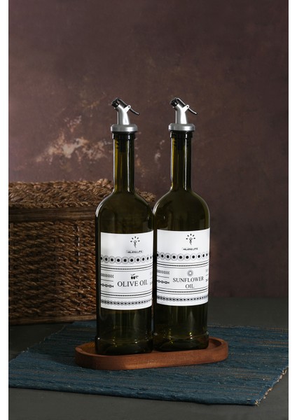 Ahşap Stantlı Amber 2'li 750 ml Zeytinyağı ve Sıvıyağ Yağdanlık Şişesi Ayçiçekyağı,yağlık Ha