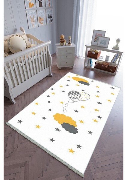 Çocuk Odası Halısı Gri Sarı Yolluk Kaymaz Yuvarlak Oval Kesme Ince Yıkanabilir Halı