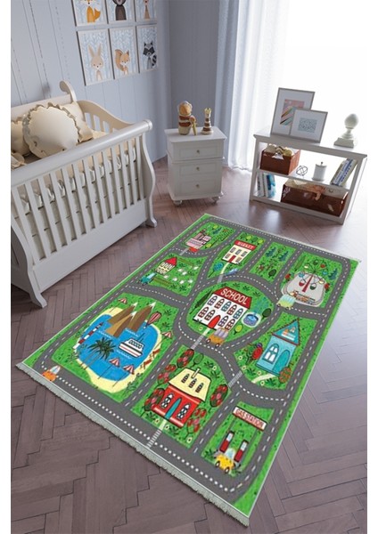 Çocuk Odası Halısı Çok Renkli 5 Yolluk Kaymaz Yuvarlak Oval Kesme Ince Yıkanabilir Halı