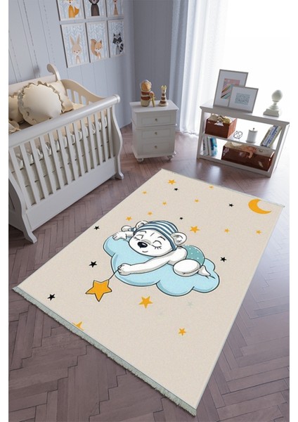 Çocuk Odası Halısı Bej Mavi Yolluk Kaymaz Yuvarlak Oval Kesme Ince Yıkanabilir Halı