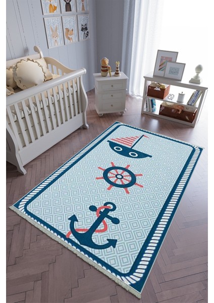 çocuk Odası Halısı Mavi Turkuaz Yolluk Kaymaz Yuvarlak Oval Kesme Ince Yıkanabilir Halı