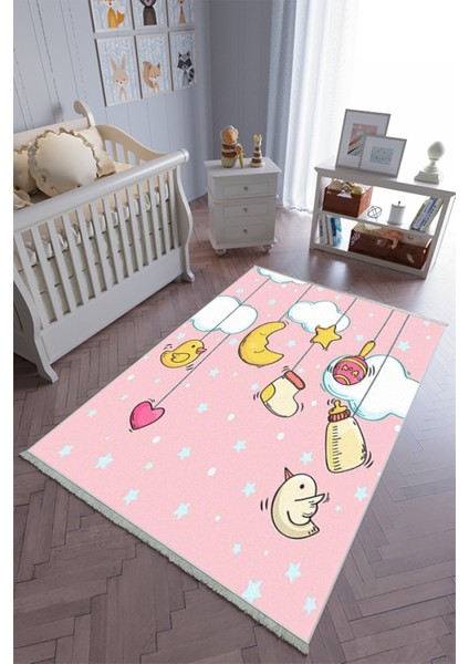 çocuk Odası Halısı Pembe Sarı Kız Yolluk Kaymaz Yuvarlak Oval Kesme Ince Yıkanabilir Halı