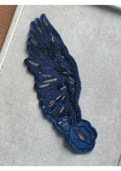 23X8 cm Nakış Boncuk Işlemeli Kabartma Kadife Tek Melek Kanadı Aplike Yama Arma