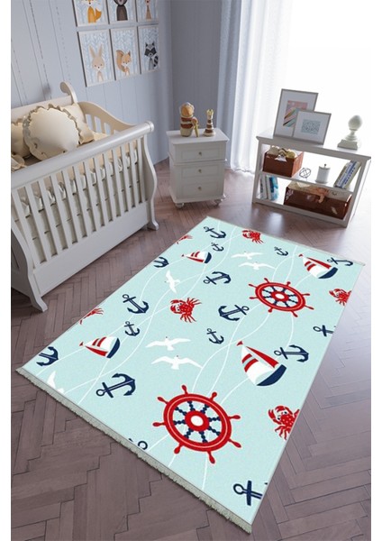 çocuk Odası Halısı Mavi Kırmızı Yolluk Kaymaz Yuvarlak Oval Kesme Ince Yıkanabilir Halı