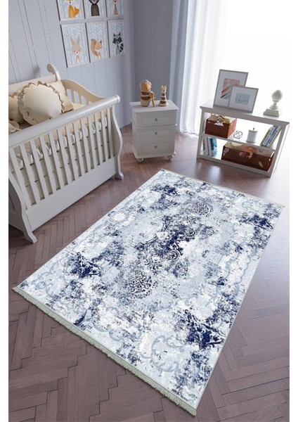çocuk Odası Halısı Lacivert Yolluk Kaymaz Yuvarlak Oval Kesme Ince Yıkanabilir Halı