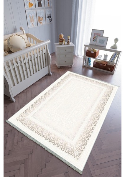 çocuk Odası Halısı Ekru Yolluk Kaymaz Yuvarlak Oval Kesme Ince Yıkanabilir Halı