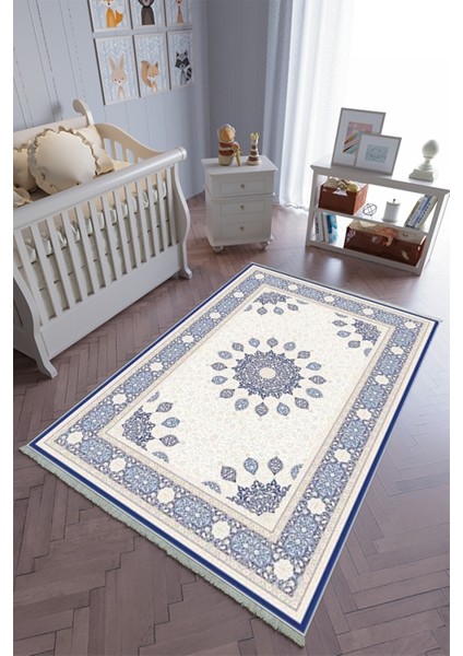 çocuk Odası Halısı Mavi Gri Yolluk Kaymaz Yuvarlak Oval Kesme Ince Yıkanabilir Halı