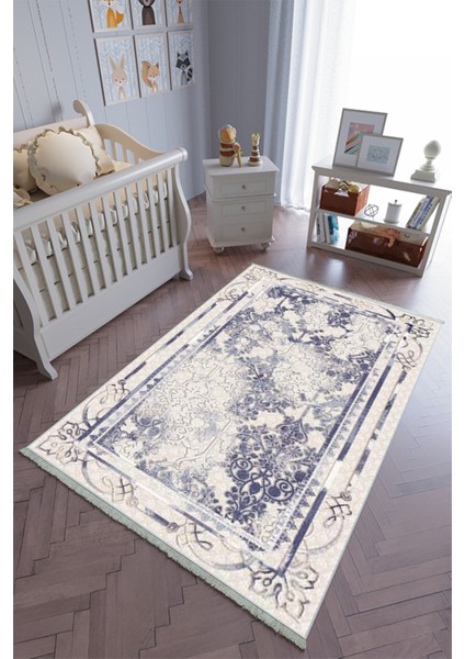 çocuk Odası Halısı Lacivert Gri Yolluk Kaymaz Yuvarlak Oval Kesme Ince Yıkanabilir Halı